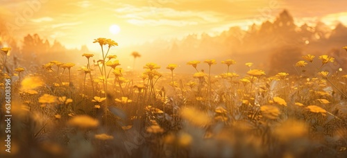 Idyllic rural landscape with a field of daisies under a sunny sky on sunset. Concept of picturesque countryside.