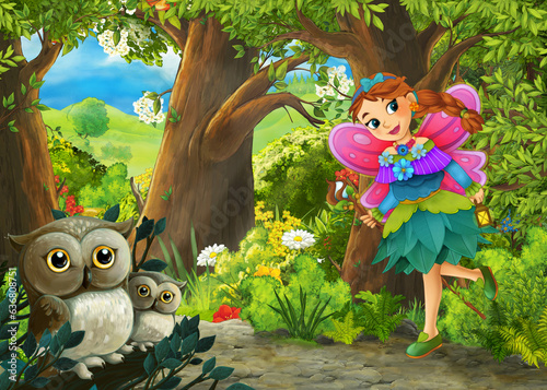 Cartoon scene with owls in the forest and path to somewhere - illustration