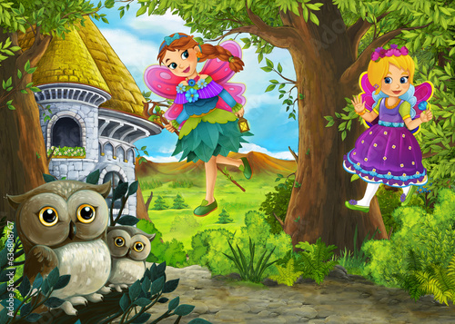 Cartoon nature scene with beautiful castle with prince and princess - illustr...