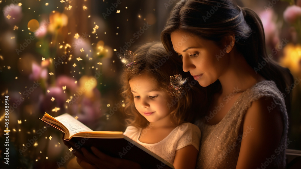 The image of a mother reading a storybook to her daughter under cinematic lighting, beautiful and lovely The image of a mother reading a storybook to her daughter under cinematic lighting, beautiful and lovely
