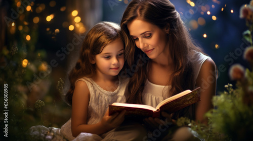 The image of a mother reading a storybook to her daughter under cinematic lighting, beautiful and lovely
