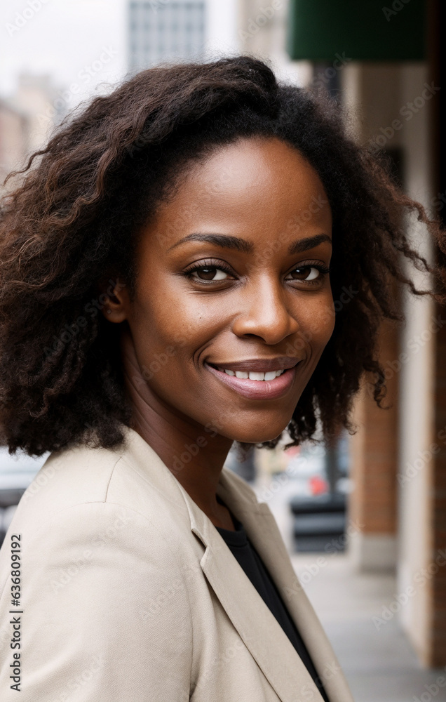 Close-up of Successful African American Woman on a City Street, Wearing a Light Jacket, Looking at Camera From an Angle With Content Smile, AI Close-up of Successful African American Woman on a City Street, Wearing a Light Jacket, Looking at Camera From an Angle With Content Smile, AI