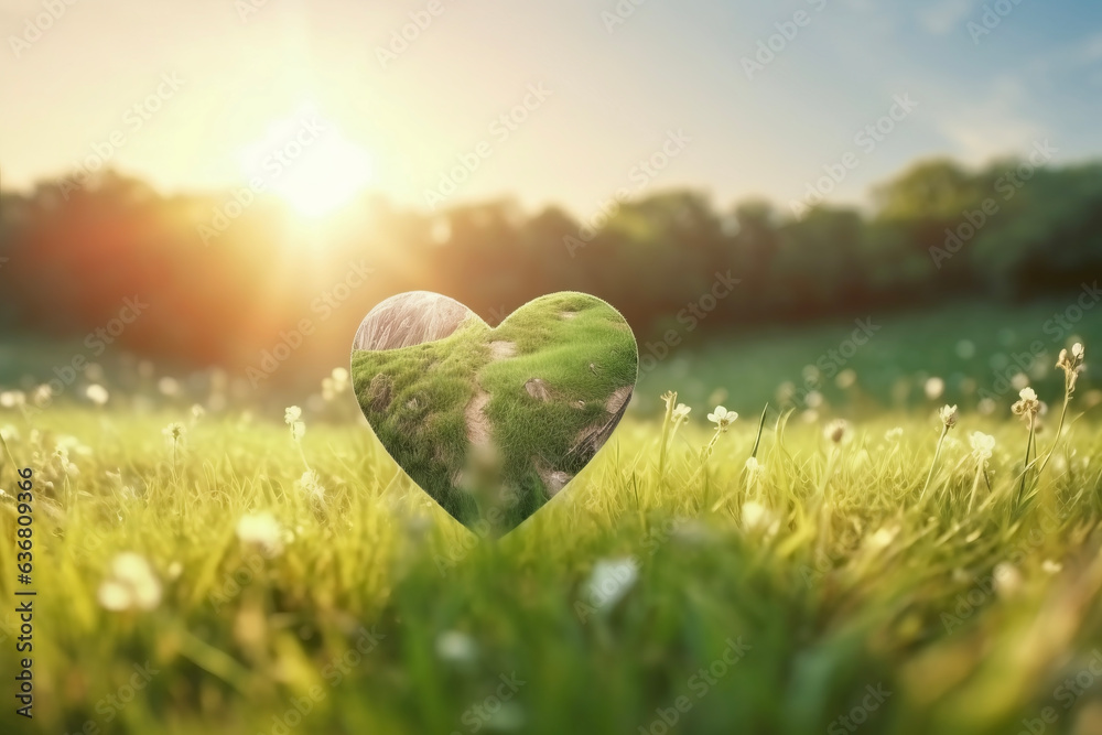 The green planet in the shape of a heart shines in the light of the setting sun and green forest, an environmental concept suitable for energy saving and ecology.