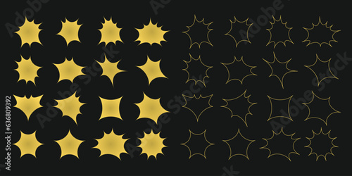 Gold like isolated silhouette and out line pointy distorted random shapes design elements template set on black background