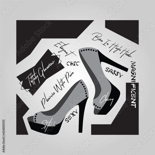 Stylish fashionable pair of ladies open toe high heels shoes creative poster with messages on gray gradient background