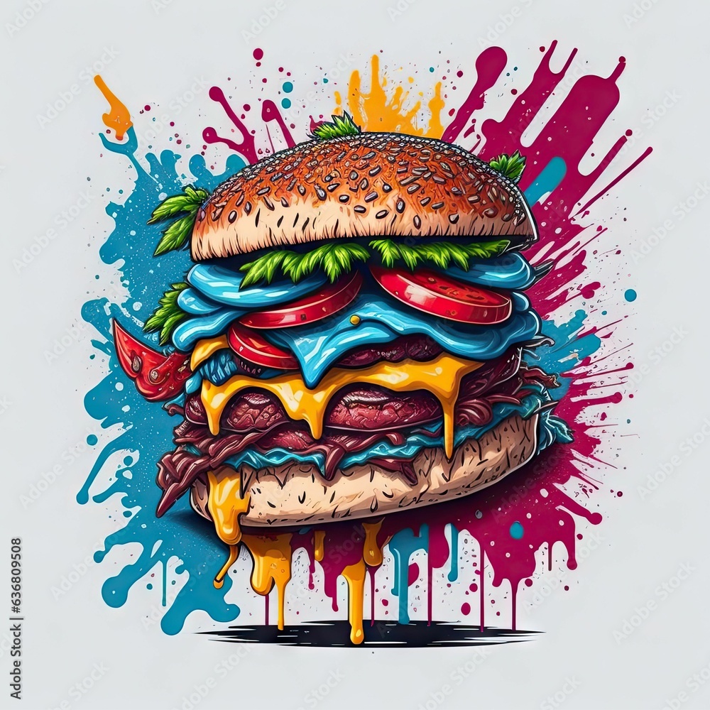 Vector t-shirt art ready to print colorful graffiti illustration of a hamburger with delicious meat, cute, animated, vibrant color, punk, high detailed, white background
