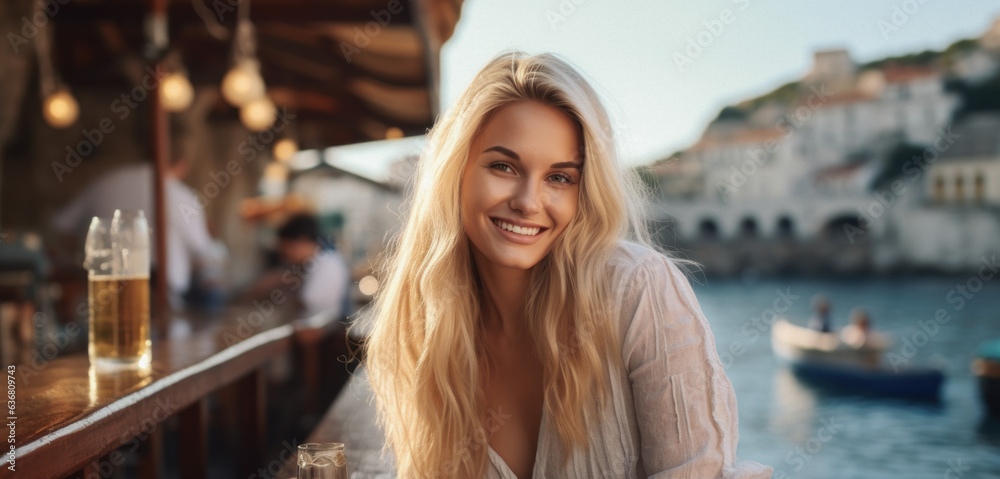 Attractive young female tourist in casual clothes is sightseeing on the street of european city in summer, travel and tourism concept.