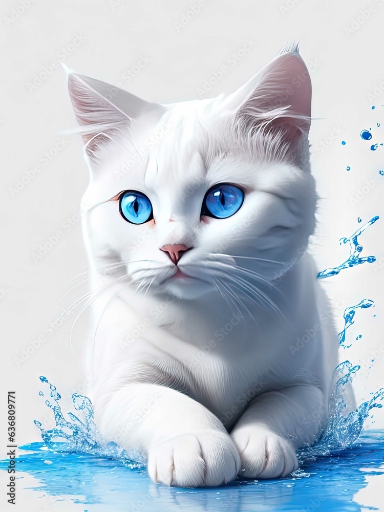 Fototapeta premium white color cat (blue eyed cat) splashing water 