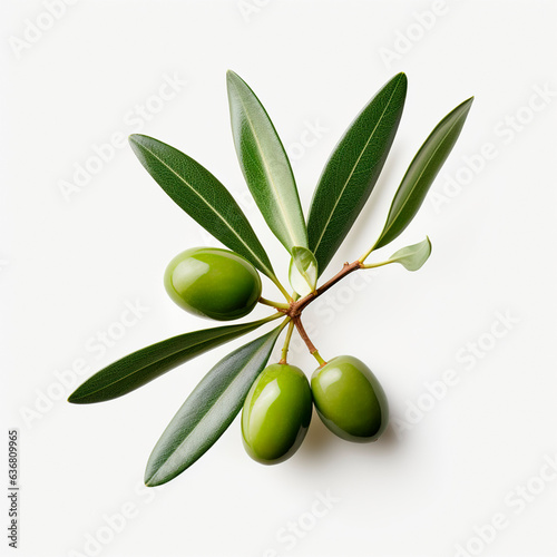 olive with fresh leaves and flowers on a white background, promoting healthy eating and well-being