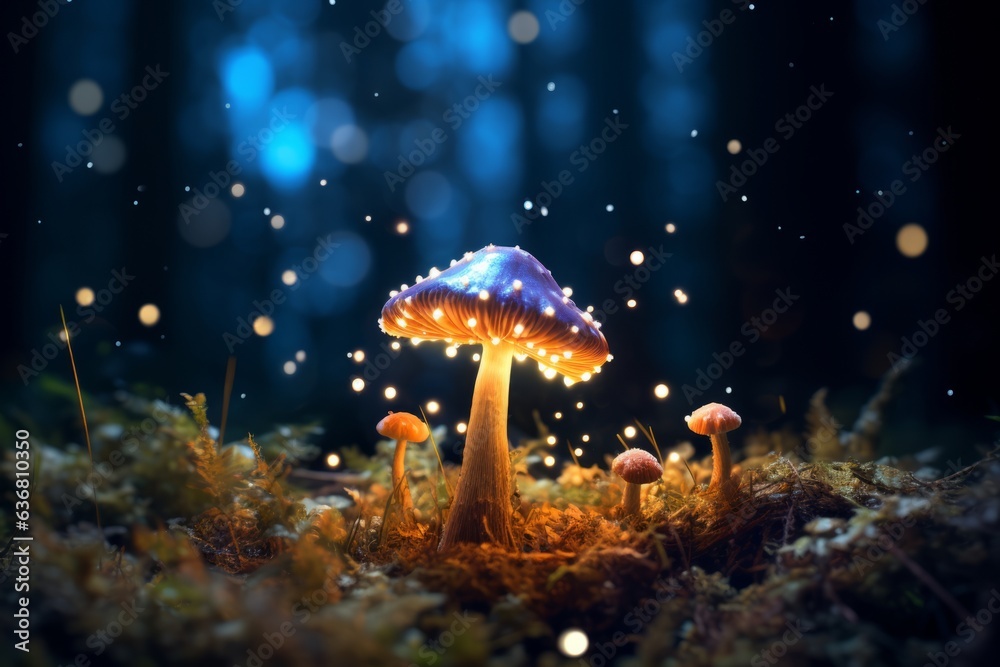 Enchanting mushroom rests amidst dark woods, Generative AI - obrazy, fototapety, plakaty 