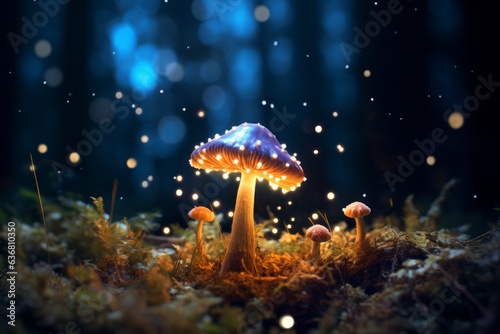 Enchanting mushroom rests amidst dark woods, Generative AI