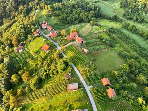 View of forests, fields, villages and Zagorje hills, during a panoramic balloon flight over Croatian Zagorje - Croatia (Panoramski let balonom iznad Hrvatskog zagorja - Hrvatska) photo