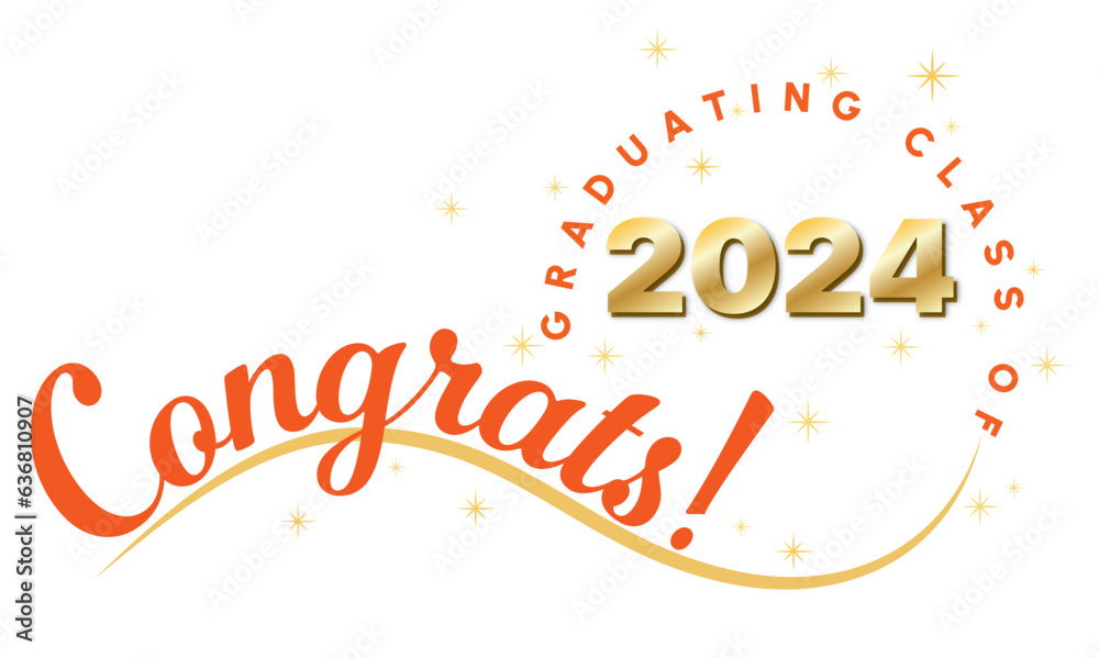 Bright Red High School, College or University 2024 Graduation Banner Graphic with Gold Accents and Text on Wave and in a Circle