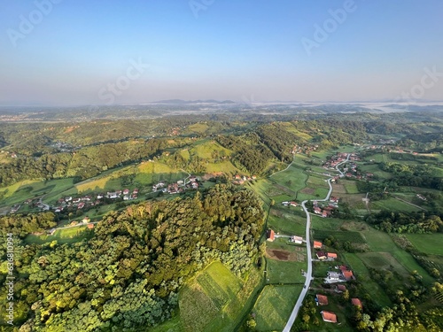 View of forests, fields, villages and Zagorje hills, during a panoramic balloon flight over Croatian Zagorje - Croatia (Panoramski let balonom iznad Hrvatskog zagorja - Hrvatska)