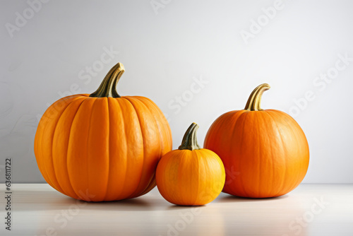 Three bright orange pumpkins on a white table  fall or Thanksgiving background  generative AI