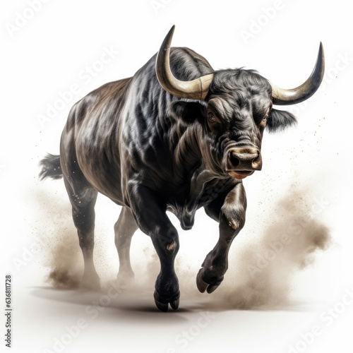 Aggressive, Charging Angry Bull with Sharp Horns, Pawing Dust Isolated on White Background