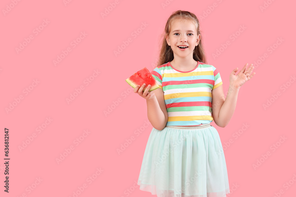 Happy little girl with slice of fresh watermelon on pink background Happy little girl with slice of fresh watermelon on pink background
