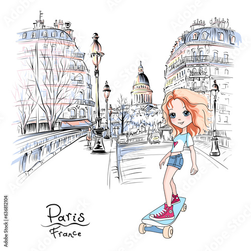 Vector cute baby girl skateboarder in Paris, France