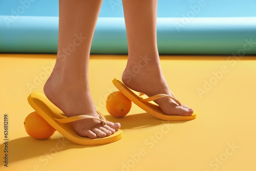 Female legs in stylish flip flops with citruses on color background © Pixel-Shot