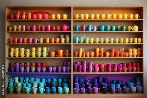 Rainbow colorful cups, mugs and plates arranged and stacked neatly on shelves, generative AI