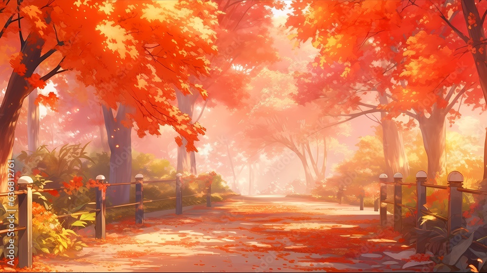 紅葉の背景のイラスト、木々が色付く秋のウォーキング散歩道