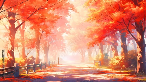 秋の背景のイラスト、木々が色付く紅葉のウォーキング散歩道