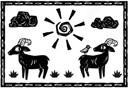 Goats grazing in the sertão scenery. Woodcut style and cordel literature.