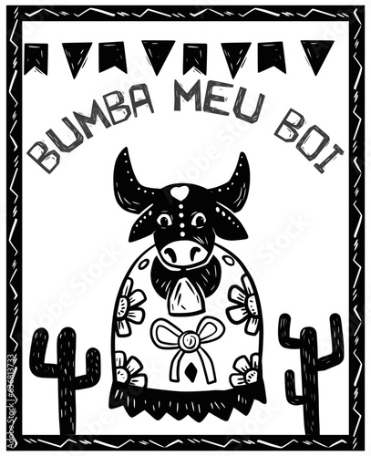 Bumba my ox (Bumba meu boi). Traditional folklore from Brazil. Woodcut style and cordel literature. photo