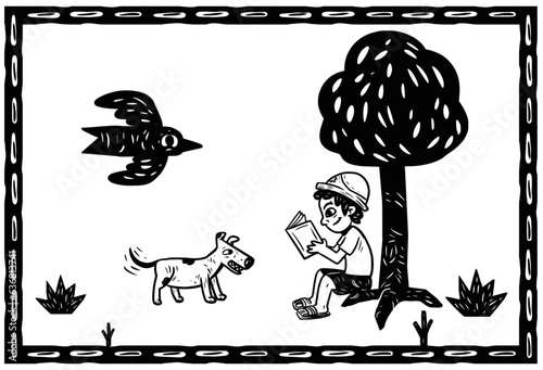 Boy reading under the tree. Woodcut style and cordel literature.