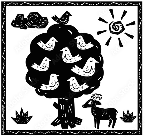 Tree full of chickens. Woodcut style and cordel literature
