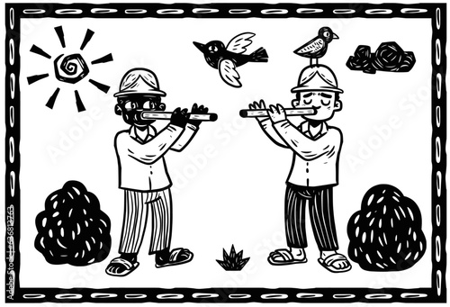 Musicians playing fife. Woodcut style and cordel literature.