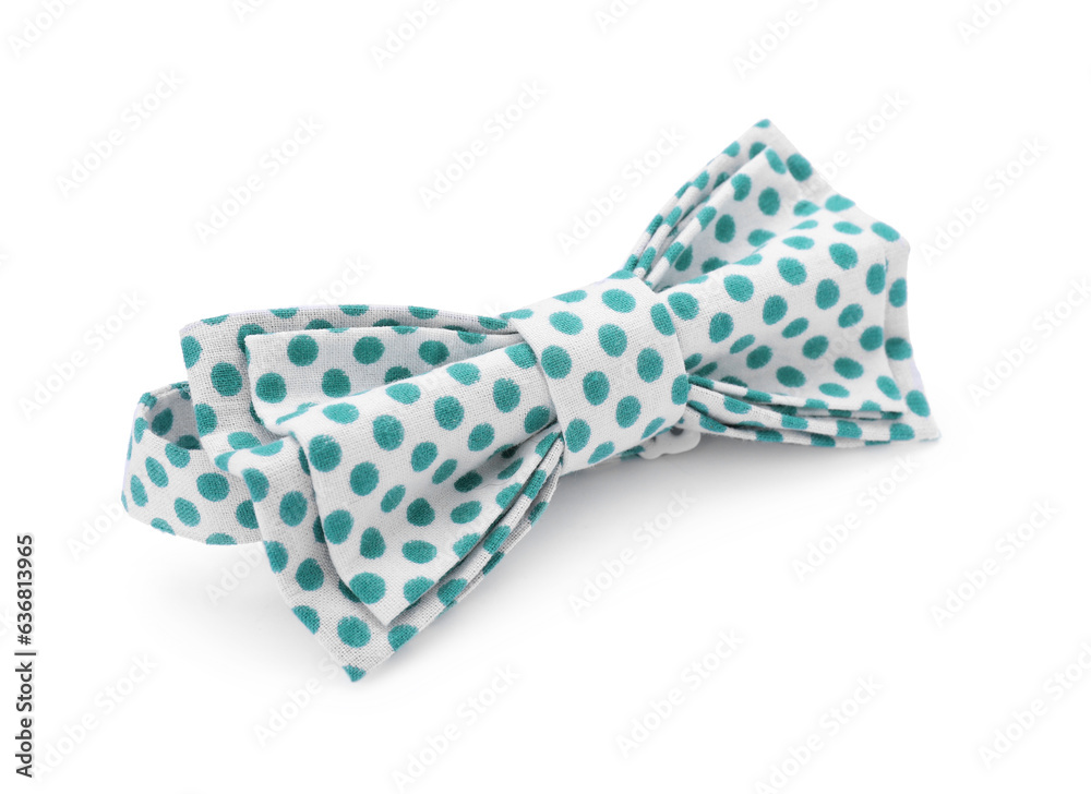 Stylish bow tie with green polka dot pattern on white background Stylish bow tie with green polka dot pattern on white background