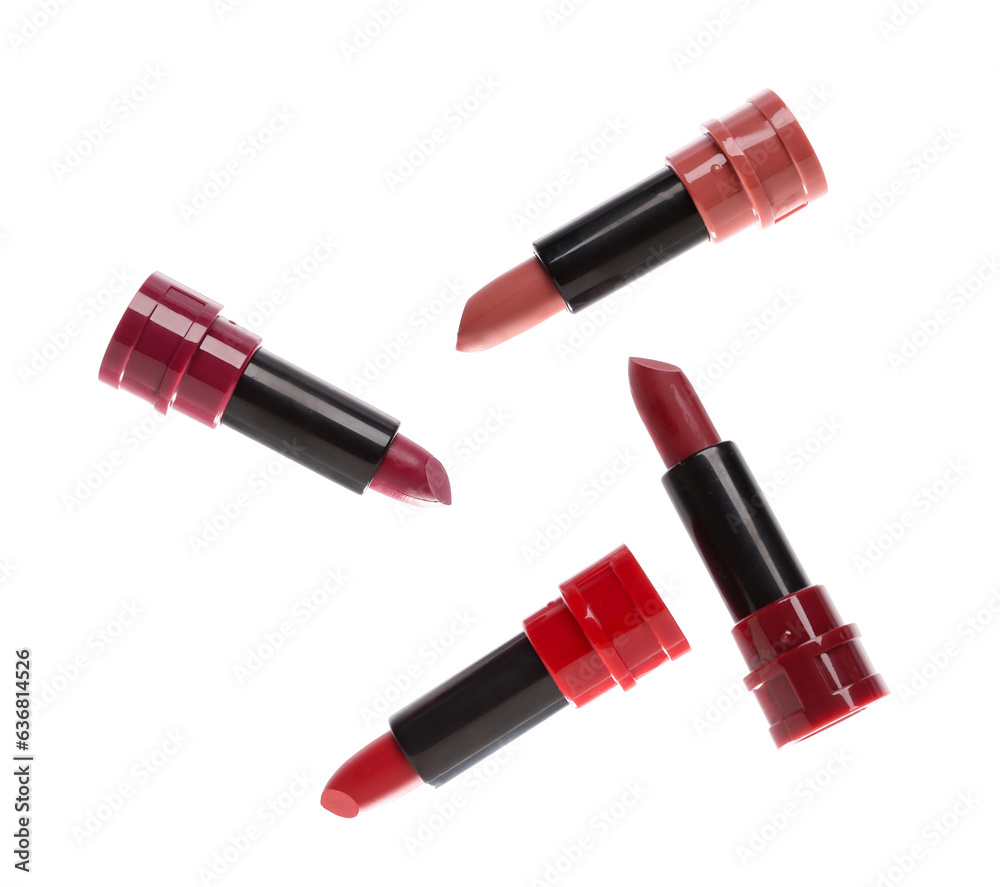 Different stylish lipsticks on white background Different stylish lipsticks on white background