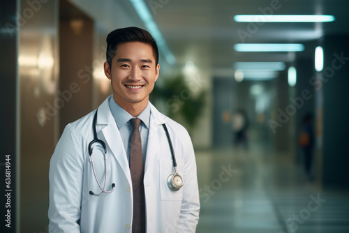 Portrait of a smiling young asian doctor in a hospital hallway, generative AI