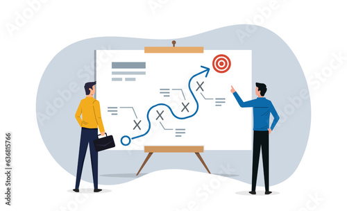 Strategic planning to overcome difficulty or obstacle to reach goal or target, business success for brainstorming, team planning for success tactic chart or competitor analysis.