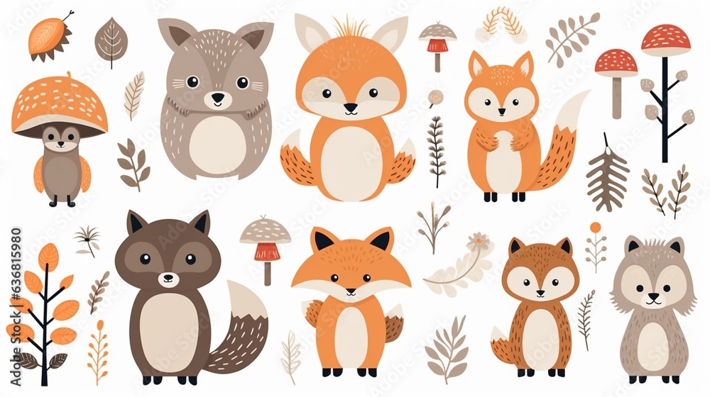 Generative AI : Cute Woodland Animals Set and Forest Elements. Colorful adorable vector illustration in flat style.