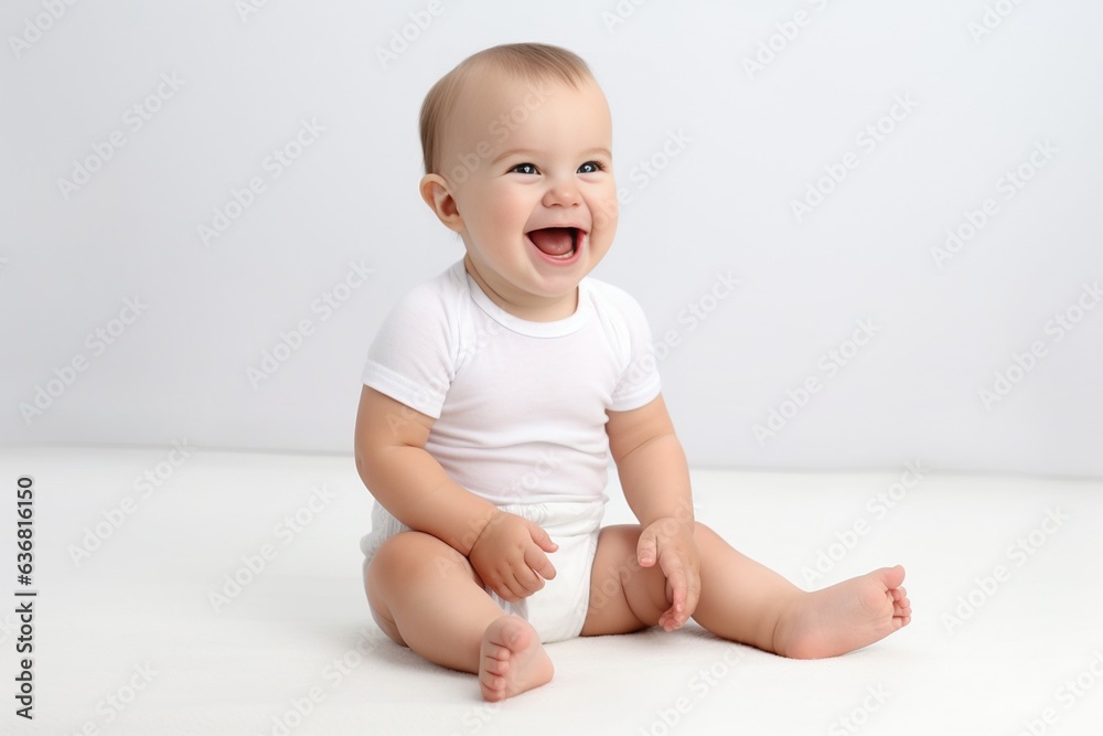 Generative AI : Smiling happy child. Portrait of little toddler boy, baby in diaper joyfully sitting and laughing isolated Generative AI : Smiling happy child. Portrait of little toddler boy, baby in diaper joyfully sitting and laughing isolated