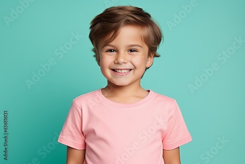 Generative AI : Small kid wear t-shirt pointing fingers up empty space isolated turquoise color background