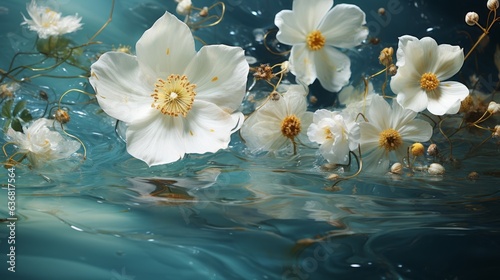 Underwater white flowers, surreal fantasy scene. Generative AI. 