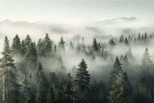 Foggy pine forest view from above Generative AI.