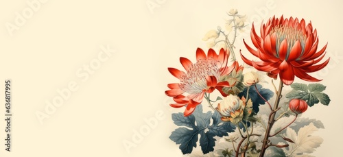 A card, banner, with exotic protea flowers on creamy background in retro watercolour style. Botanical illustration. AI generated digital design. 