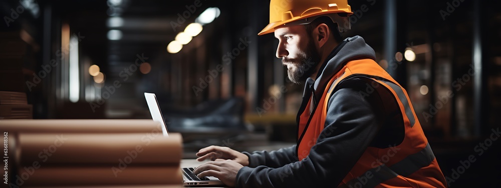 Warehouse worker using laptop in warehouse. This is a freight transportation and distribution warehouse. Industrial and industrial workers concept Warehouse worker using laptop in warehouse. This is a freight transportation and distribution warehouse. Industrial and industrial workers concept