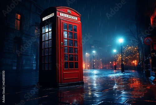 Red telephone box in a rainy street at night