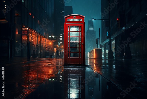Red telephone box in London at night. 3D Rendering
