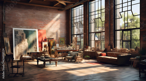  art studio with exposed brick walls and large