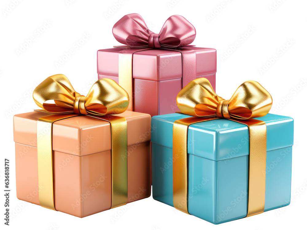 Fototapeta premium Gift box with ribbon and bow isolated on background. Concept of greeting design for Birthday, Merry Christmas, New Year, holiday, anniversary, valentine, surprise, congratulation or wedding. Generativ