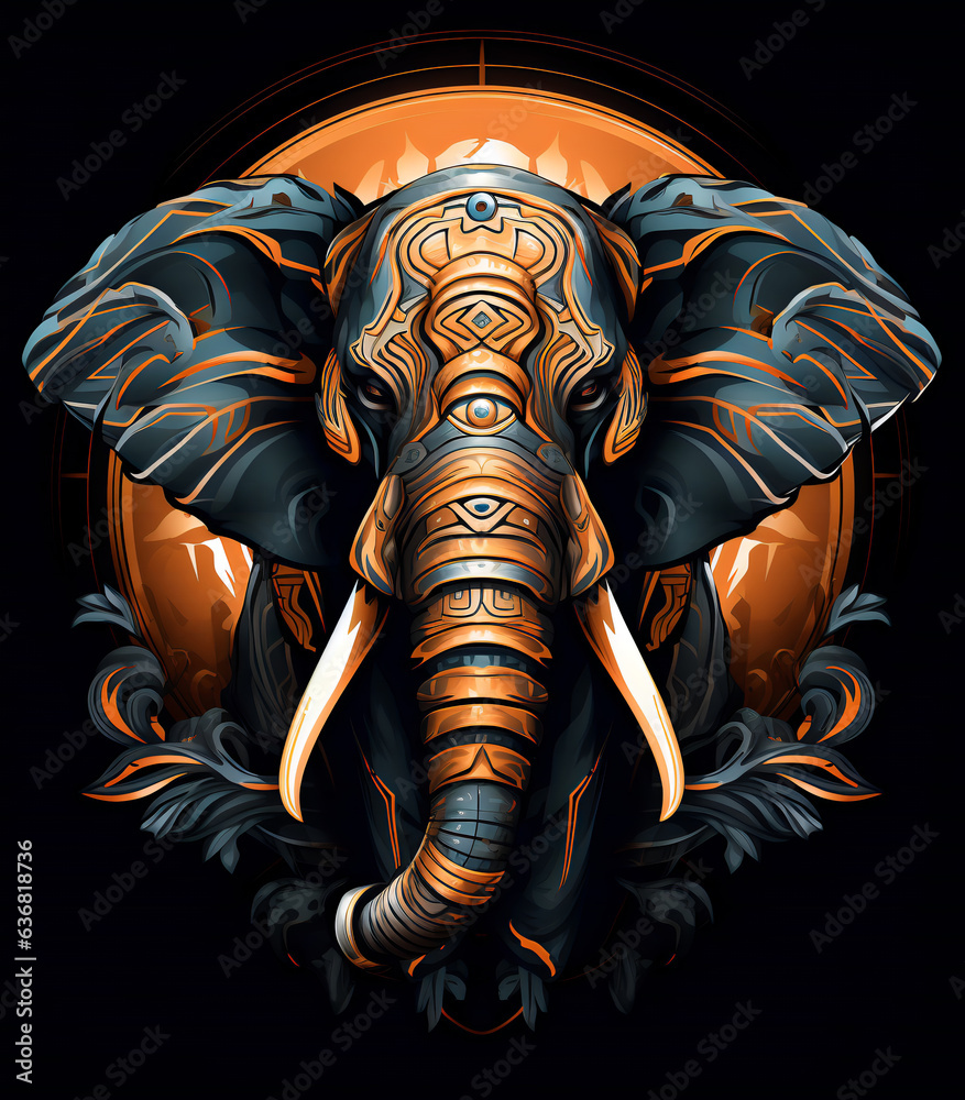 Portrait of a majestic fantasy elephant on a black background. Generative AI