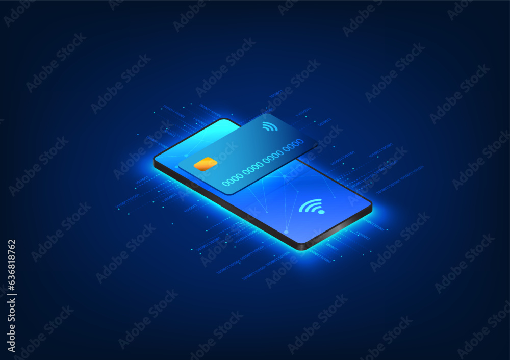 Smartphone technology with a credit card placed above the mobile screen Smartphone technology can pay for products online via the Internet network. to make life more convenient and faster Smartphone technology with a credit card placed above the mobile screen Smartphone technology can pay for products online via the Internet network. to make life more convenient and faster