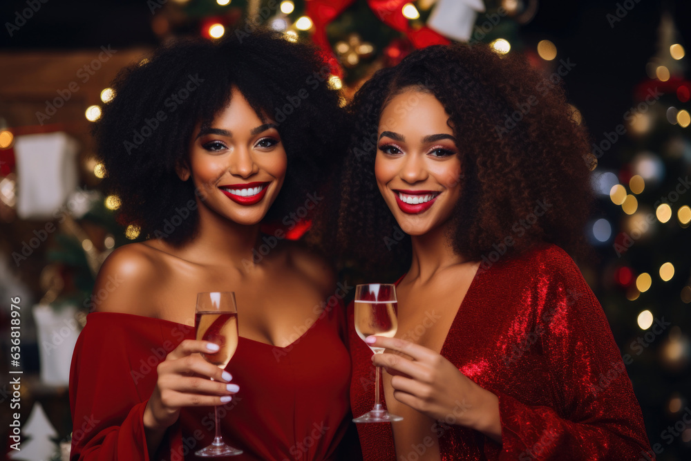Beautiful african american women with glasses of champagne celebrating Christmas Generative AI