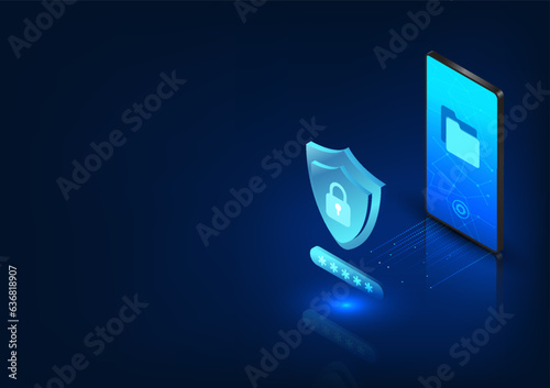 Smartphone technology The screen has a phone data file along with a shield and a lock. Refers to the technology inside the mobile phone, there is a system to prevent data from being stolen and los